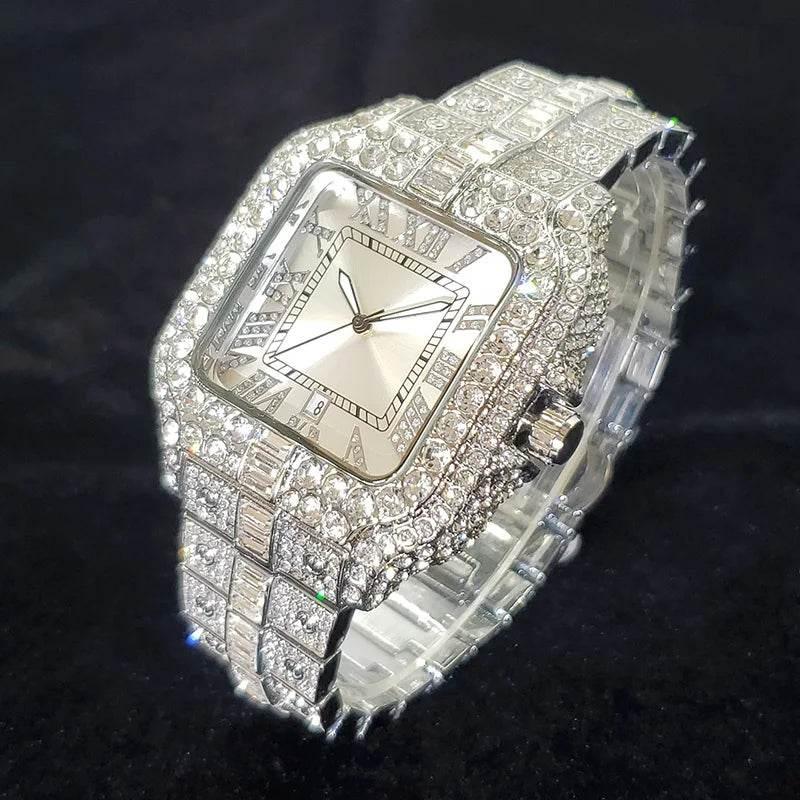 Luxury Diamond Watch Men Hip Hop Bling Iced Out Quartz Watches Fashion Blue Dial Silver Shiny Party Jewelry Relojes Dropshipping - Empire P.E
