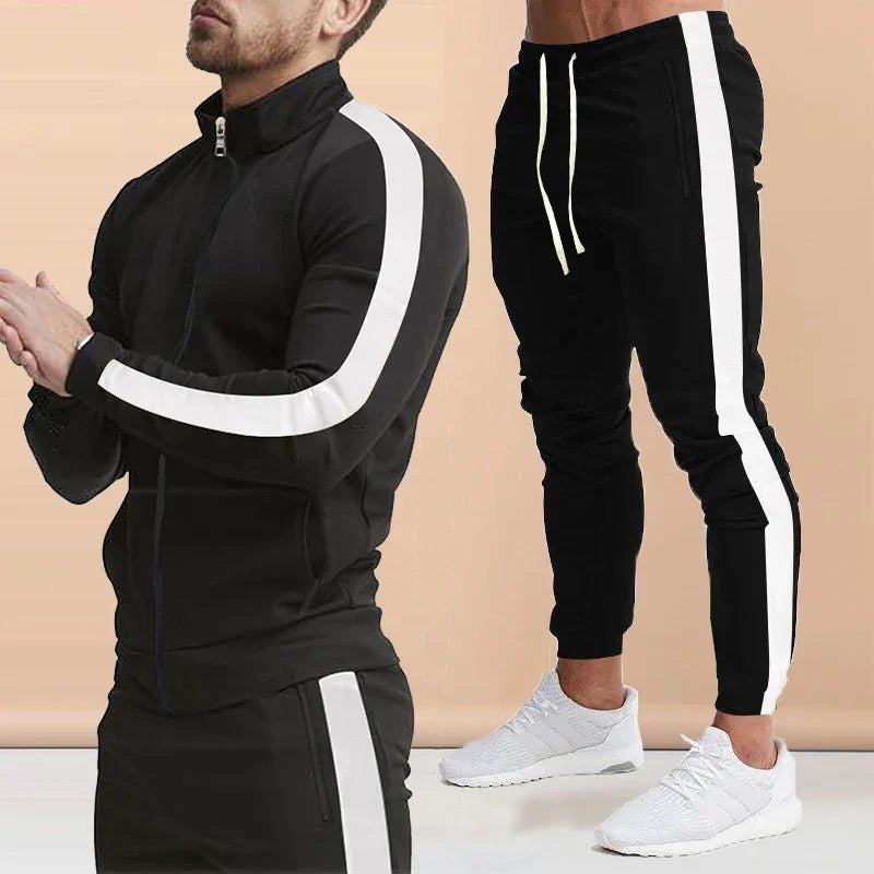 Mens Autumn Fashion Side Striped Jackets And Pants Two Piece Sets
