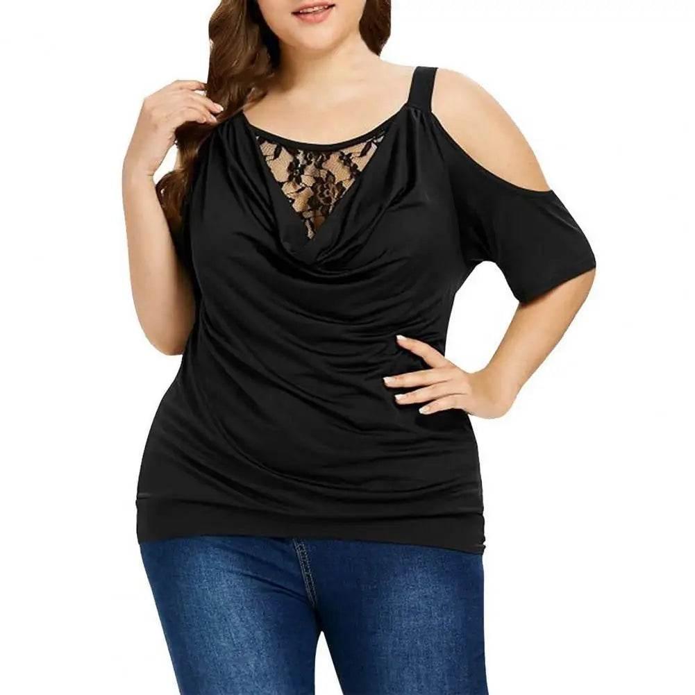 Plus Size Summer Women Blouse Lace Short Sleeves Hollow Out Solid Color See-through Off Shoulder Shirts Blouse Top - Empire P.E