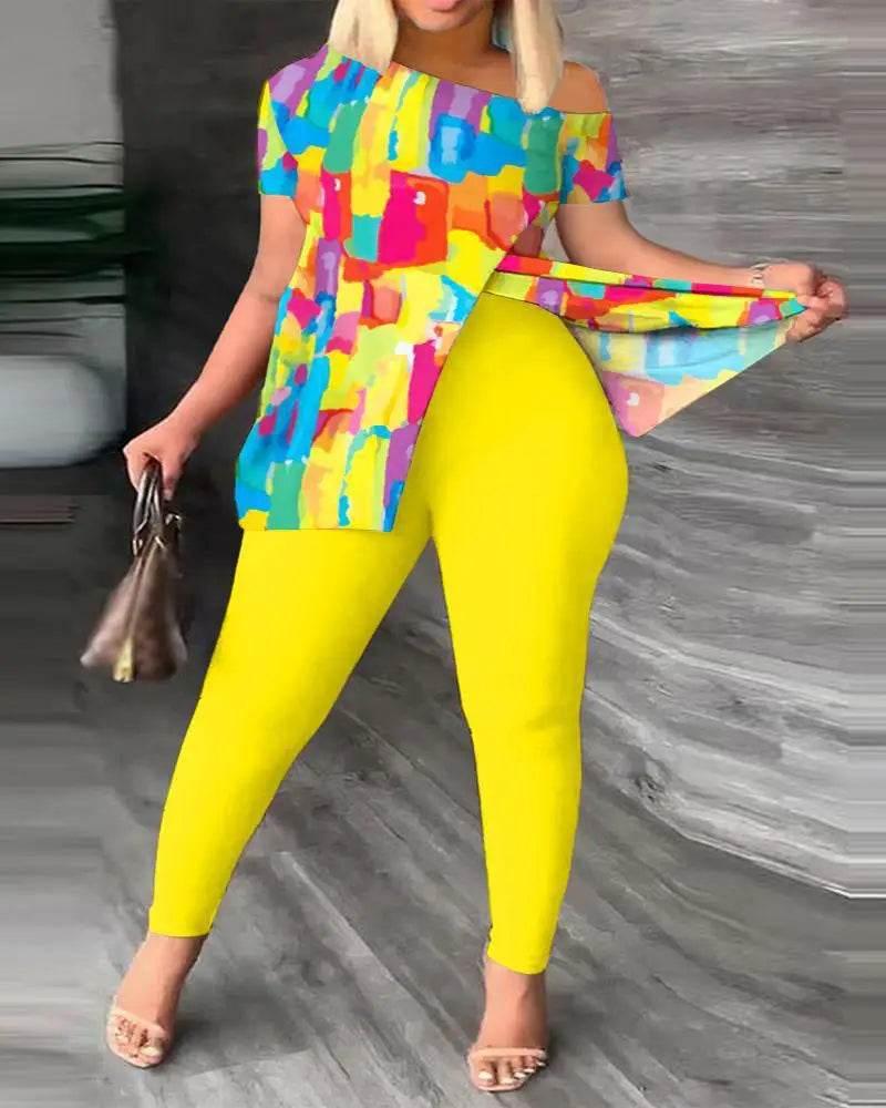 Elegant Women Two Piece Set Suits New Fashion Printed Ruffle Sleeve Top Solid Color Pants Set With Belt Blouses Female Clothing - Empire P.E