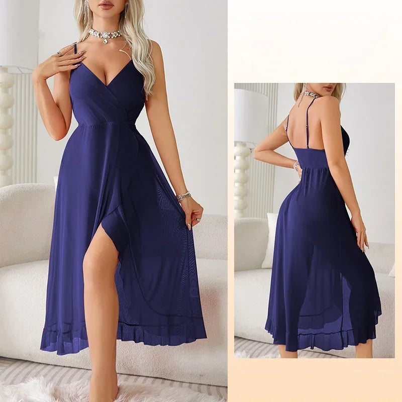 2025 Sleep Shirts Sheer Mesh Slip Dress Criss Cross Back