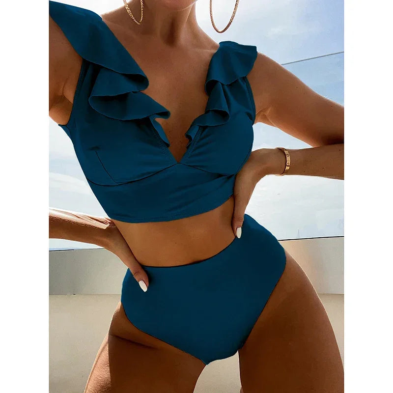 Riseado High Waist Bikinis Set Ruffle Shoulder Sexy Plunging Swimwear Women Bathing Suit Summer Beachwear - Empire P.E