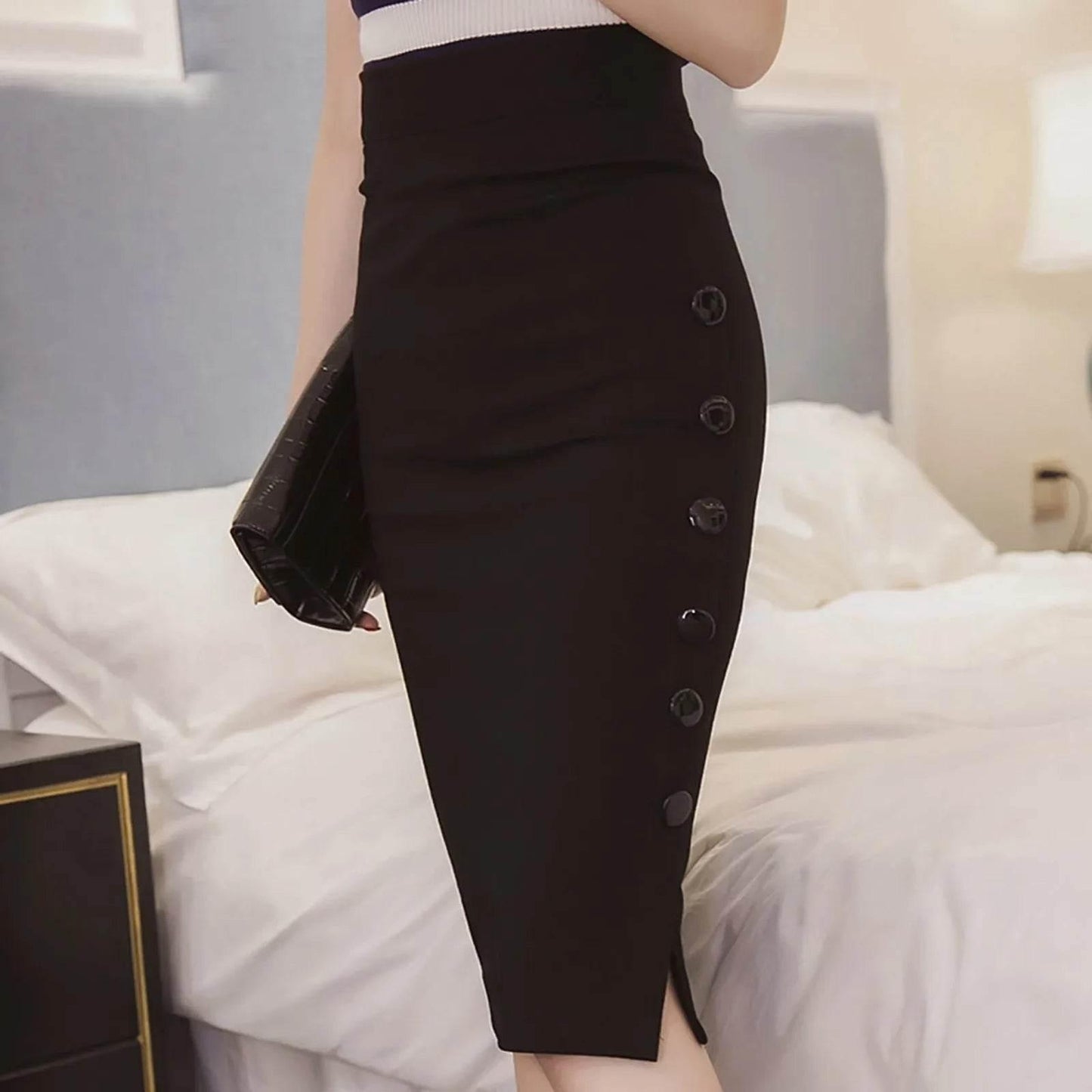 Women’s Black And Red Color Sexy Slim Fit High Waist Dress With Buttons Ladies High Street Fashion Hip Wrap Pencil Half Skirt - Empire P.E