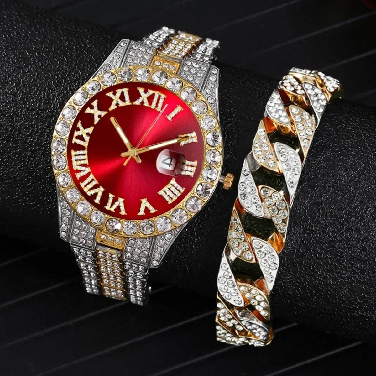 Watch Bracelet Set Hip Hop Stainless Steel Gold Color Calendar Watch for Men Iced Out Paved Rhinestones Men Watch Reloj Hombre - Empire P.E