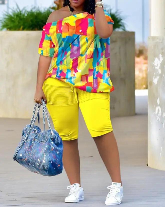 Womens Two Piece Sets Outfit Melting Colors All Over Print Skew Neck Top & Shorts Set New Fashion 2023 Summer Casual Female Suit - Empire P.E