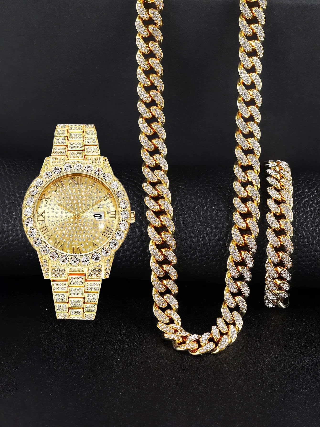 3PCS luxury alloy full diamond rhinestone mirror men's quartz watch with calendar and Hip Hop Cuban Necklace bracelet set - Empire P.E
