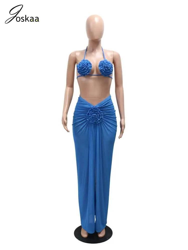 Joskaa Sexy Beach Style Bikini 3 Piece Set Women 3D Flower Halter Bra+Briefs+Sheer Mesh Maxi Skirt Matched 2025 - Empire P.E