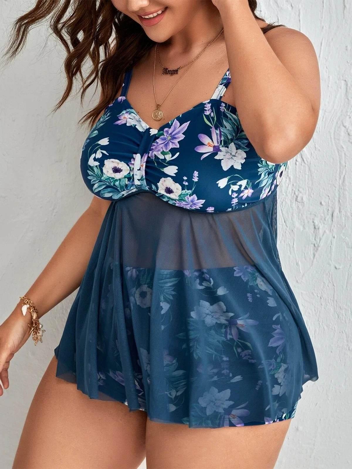 Floral Contrast Mesh Shorts Bikini Two Piece Swimsuit Dress XL-4XL - Empire P.E