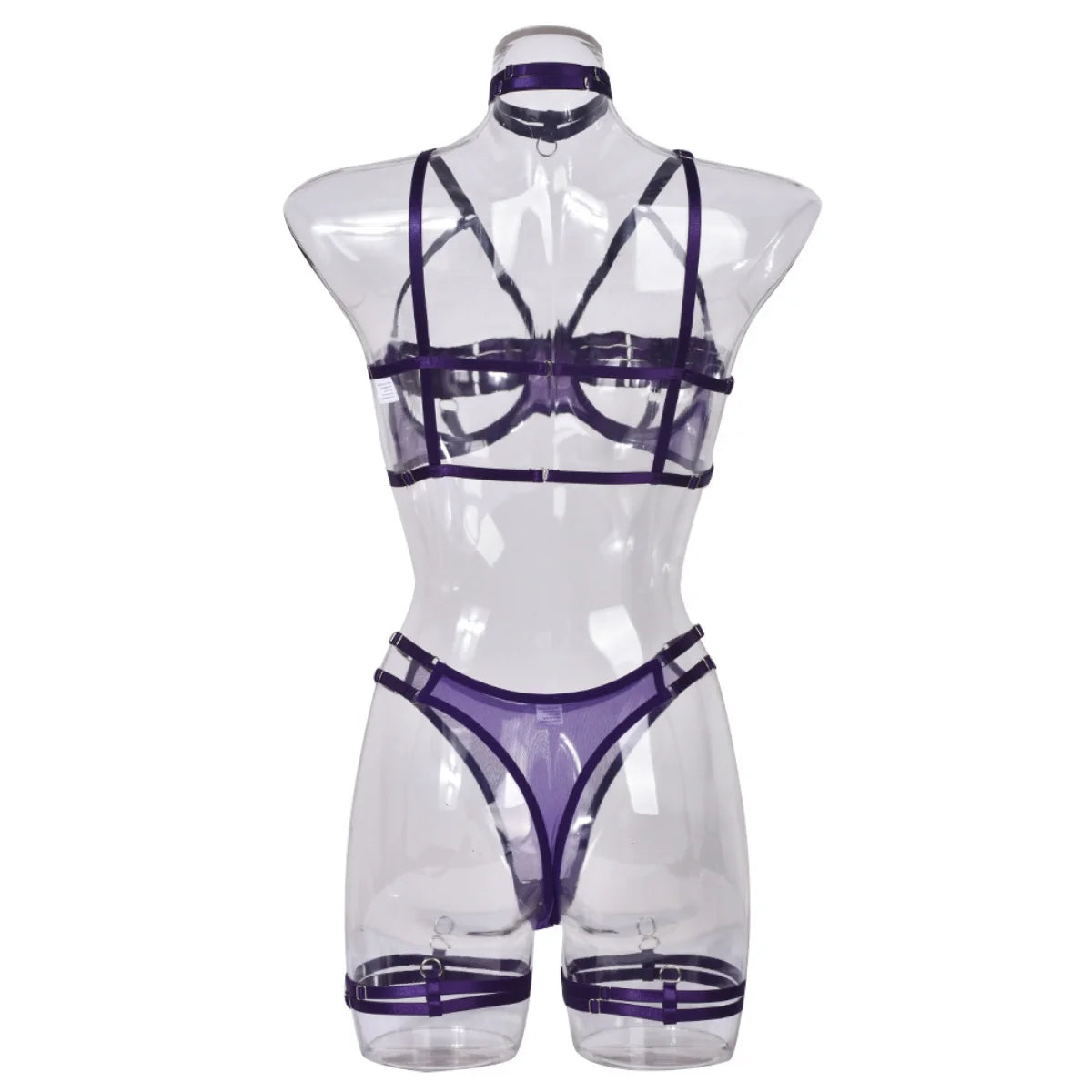 Yimunancy 4-Piece Bandage Erotic Set Women Choker Cut Out Solid Vintage Purple Sexy Lingerie Set Breif Kit - Empire P.E
