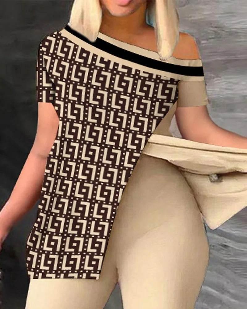 Elegant Women Two Piece Set Suits New Fashion Printed Ruffle Sleeve Top Solid Color Pants Set With Belt Blouses Female Clothing - Empire P.E