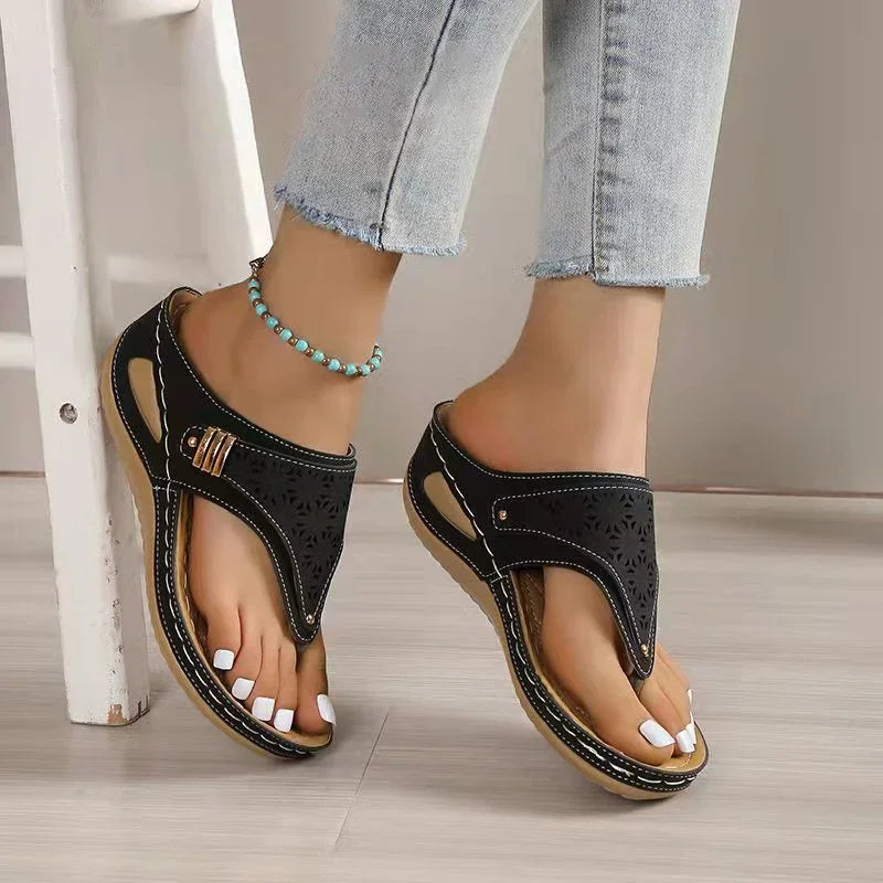 Summer Women's Wedge Sandals 2023 Clip Toe Orthopedic Arch Support Sandals Woman Pu Leather Non-Slip Soft Platform Flip Flops - Empire P.E