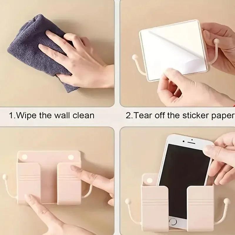 1pc Adhesive Wall Mount Phone Holder With Hooks, Storage Box ForMobile Phone Remote Control, Storage Box For Bedroom, Kitchen,Ba - Empire P.E