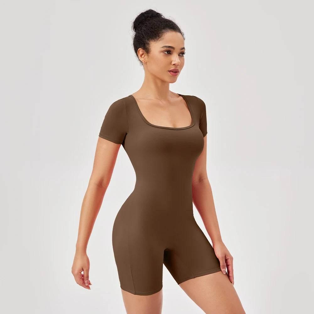 Fashion Women Yoga Suit Short Sleeve Gym Sports Jumpsuit Solid Color Workout Yoga Bodysuit Square Neck Yoga Set Sportswear - Empire P.E