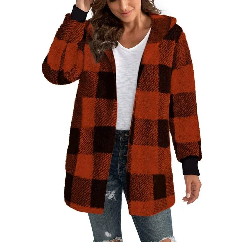Women Autumn Winter Double Fleece Plaid Outerwear Coat