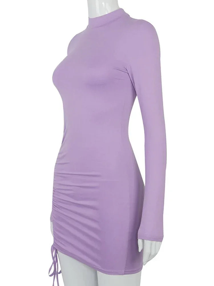 Long Sleeve Ruched Bodycon Dress Women Turtleneck Bandage Mini Dresses Autumn Black Skinny Stretchy Party Vestidos - Empire P.E