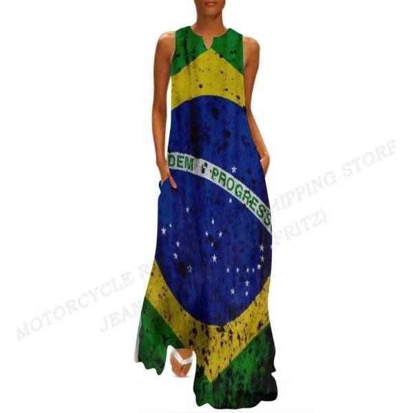 Brazil Flag Dress Women Fashion V-neck Long Dress Party Evening Casual Brasil Women Dresses Elegant Boho Maxi Vestido Beach Robe - Empire P.E