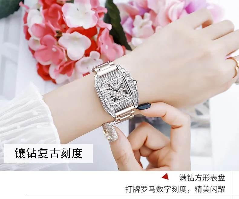 Ladies Dial Quartz Wristwatches Dress Clock Large square diamond-encrusted dial steel belt living waterproof quartz watch - Empire P.E