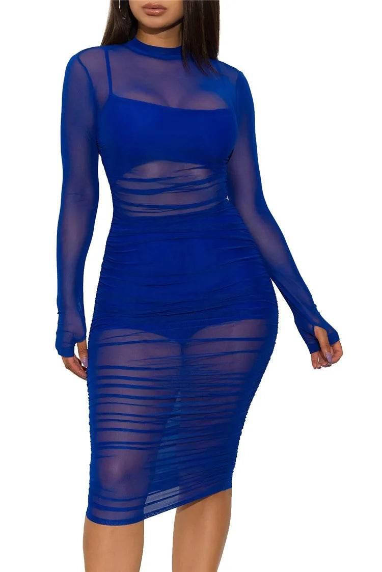 Women Mesh See Through 3 Piece Set Bodycon Ruched Cover Up Midi Dress+Camis+Shorts 3 Pieces Suits Sexy Night Club Party Outfits - Empire P.E