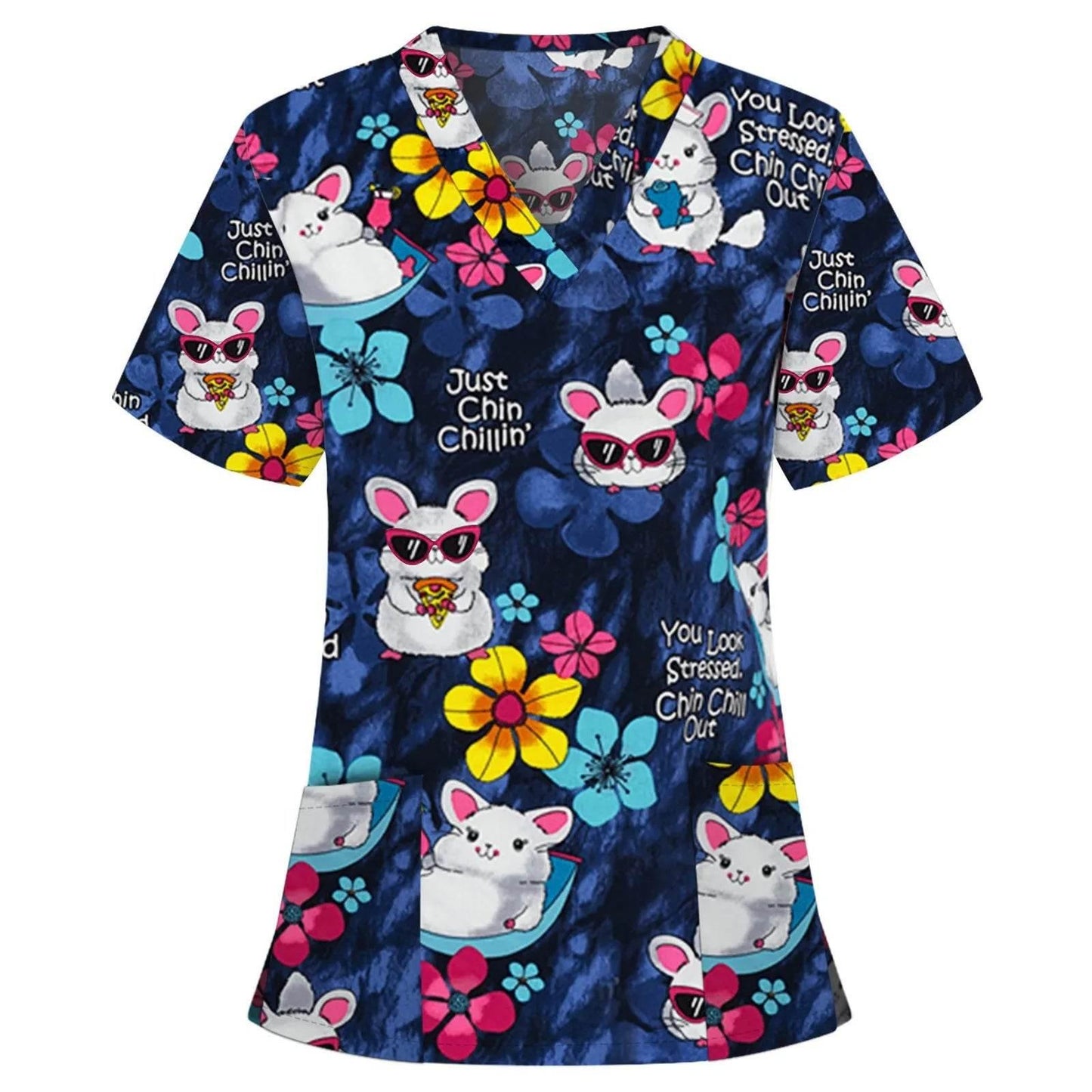 Women Working Uniform Animal Print Cartoon Cat Dog Short Sleeve V-neck Tops - Empire P.E
