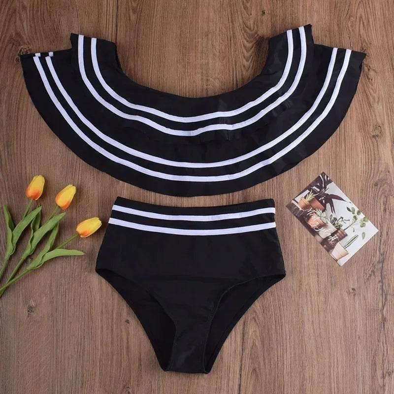 Black striped women bikini set two pieces sexy off shoulder ruffles high waist bathing suits summer beach swimsuits - Empire P.E