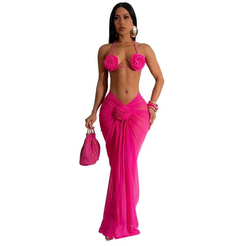 Joskaa Sexy Beach Style Bikini 3 Piece Set Women 3D Flower Halter Bra+Briefs+Sheer Mesh Maxi Skirt Matched 2025 - Empire P.E