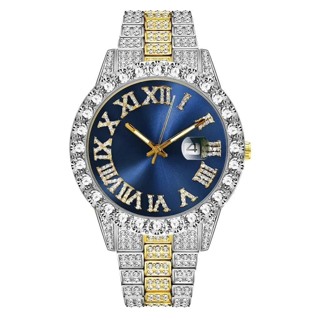 Watch Bracelet Set Hip Hop Stainless Steel Gold Color Calendar Watch for Men Iced Out Paved Rhinestones Men Watch Reloj Hombre - Empire P.E