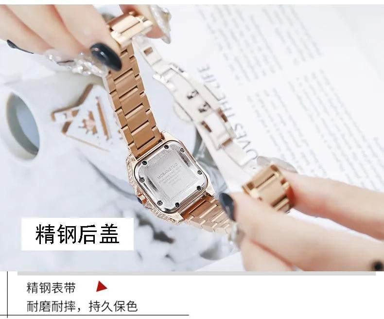 Ladies Dial Quartz Wristwatches Dress Clock Large square diamond-encrusted dial steel belt living waterproof quartz watch - Empire P.E