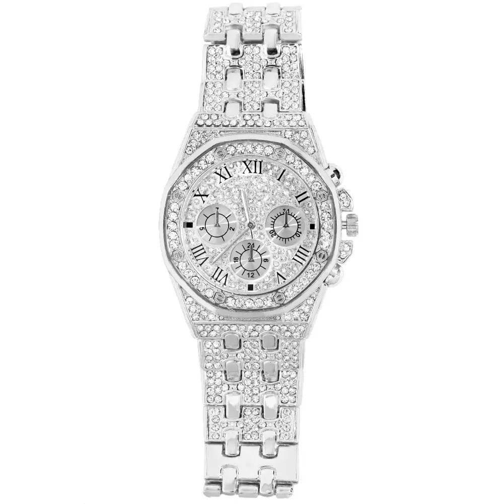 14MM Necklace+Watch+Bracelet Iced Out Watches For Men 2 Row Rhinestone Cuban Chain Necklace Set Women Men Hiphop Jewelry Gift - Empire P.E