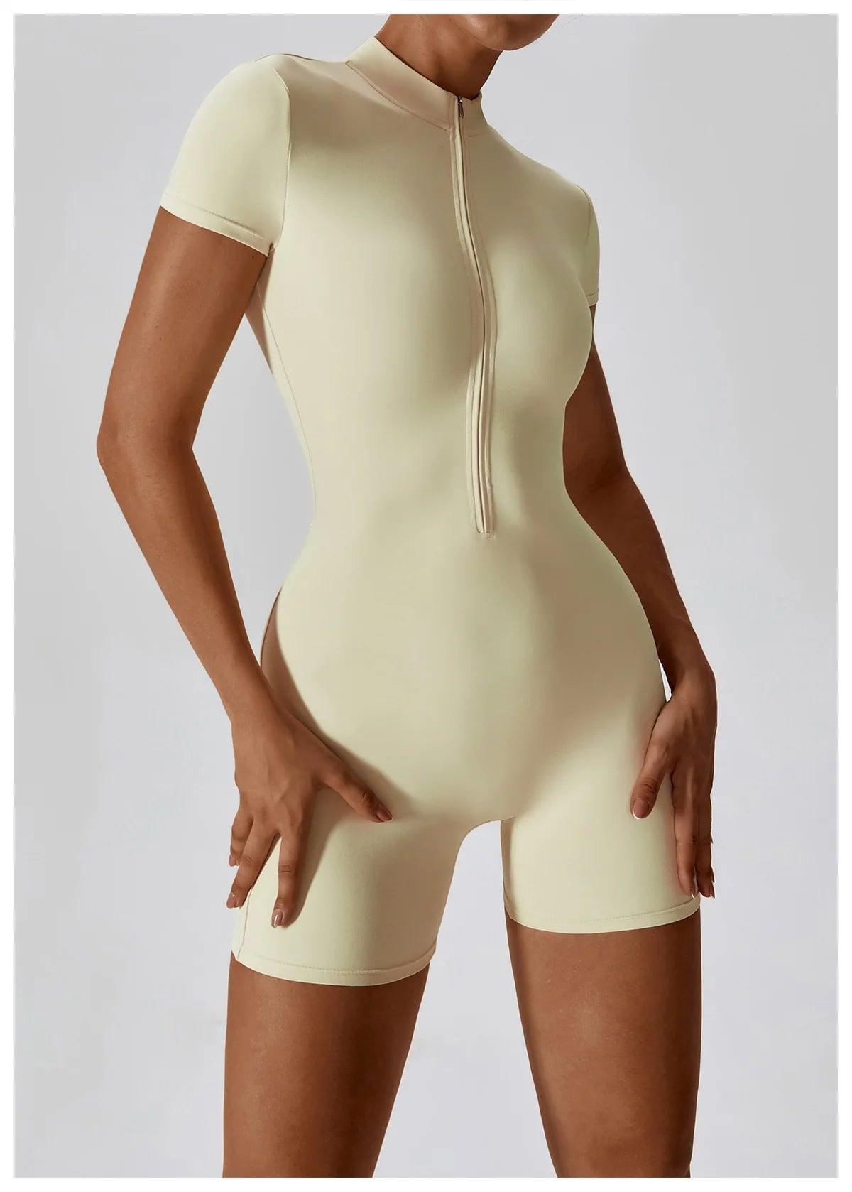 Yoga Set Women's One-Piece Suit Zipper Short Sleeve Gym Push Up Workout Clothes Fitness Short Bodysuit Sportswear Jumpsuits - Empire P.E