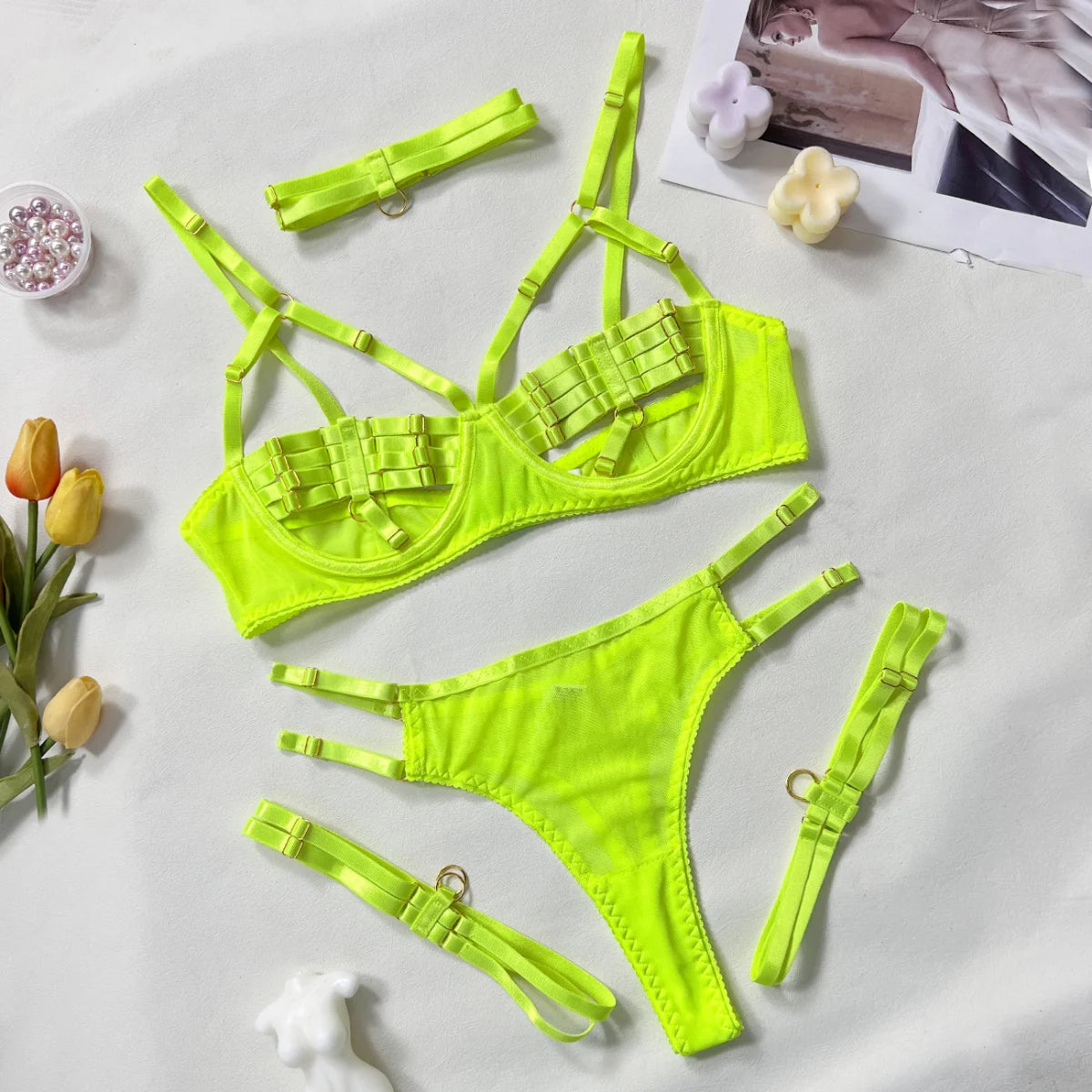 Yimunancy 4-Piece Bandage Erotic Set Women Choker Cut Out Solid Vintage Purple Sexy Lingerie Set Breif Kit - Empire P.E