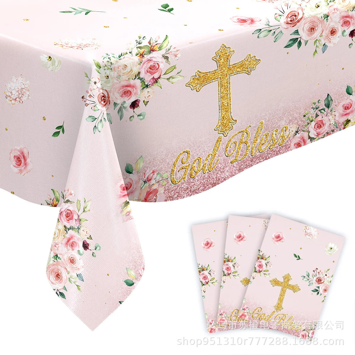 10Guests Pink Cross Baby Communion Party Supplies Flower God Bless Tableware Paper Plates Cups Baptismal Party Decor Baby Shower