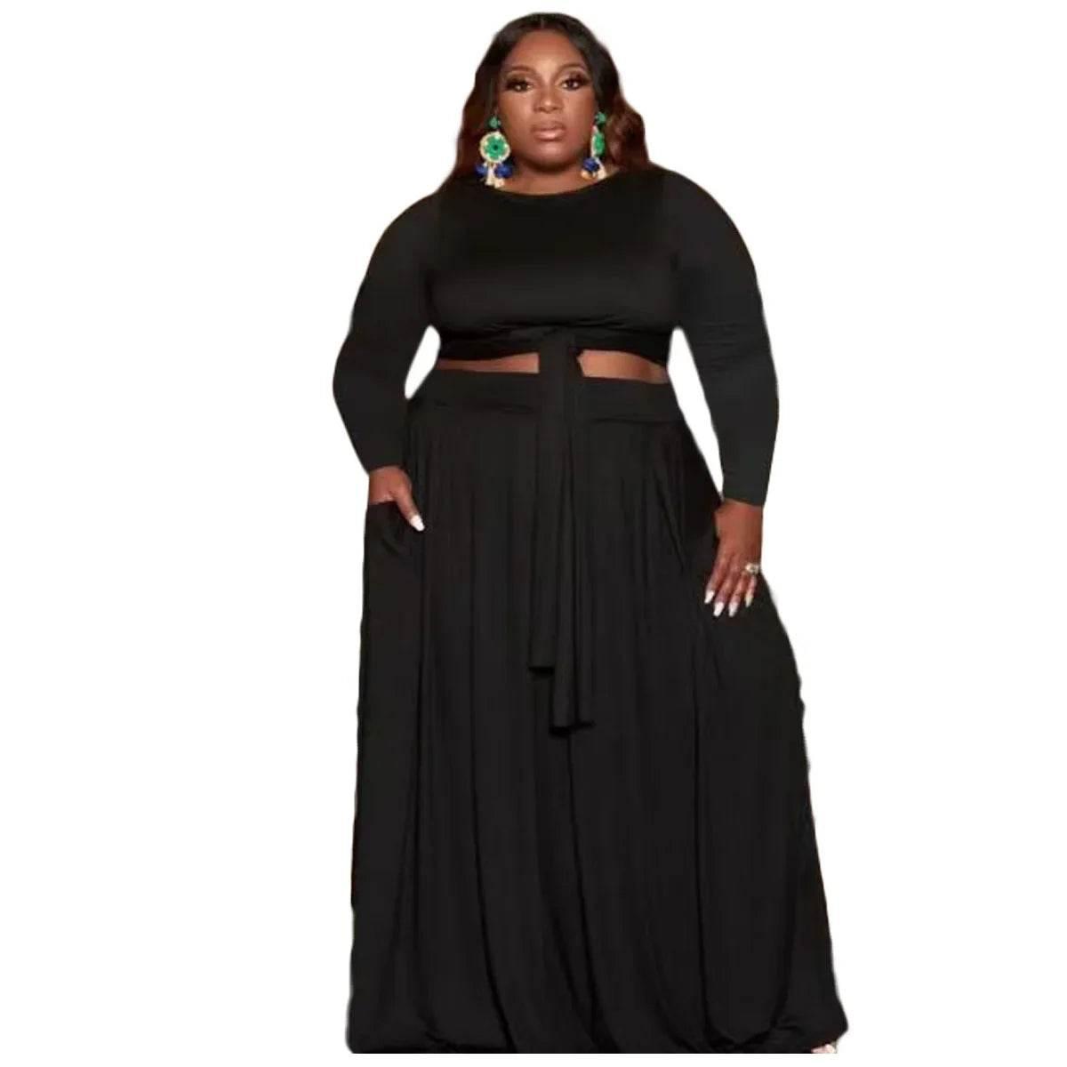 Fall 2024 Plus Size Women Clothing Skirt Two Piece Sets O Neck Long Sleeve - Empire P.E