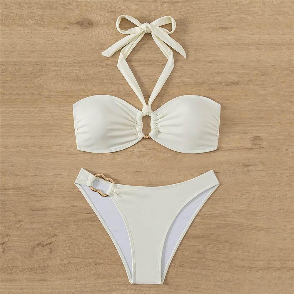 Halter Bandeau Leopard Print Bikinis Sets Woman Metal Ring Swimwear Hollow Out Sexy Swimsuit 2025 Bathing Suit Bikinis De Mujer - Empire P.E