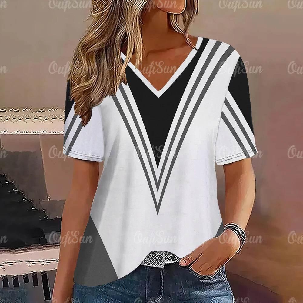 Women's T-Shirt Summer Stripe Short Sleeve Tee Shirt Fashion Blue V-Neck Female Clothing Casual New T-Shirt for Women Pullover - Empire P.E