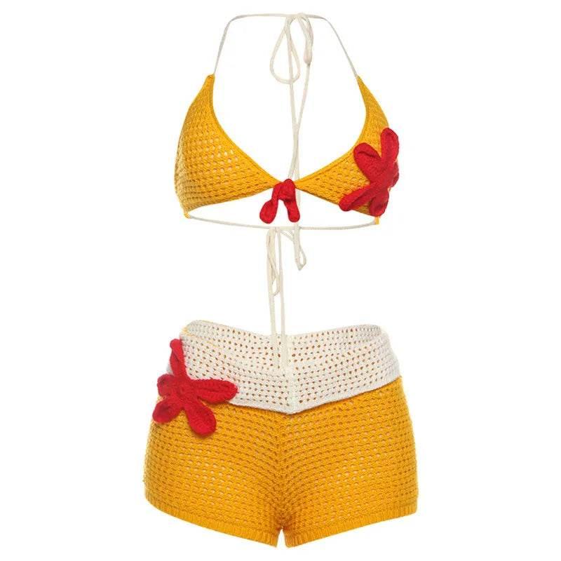 Sexy Beach Knit Skirt Set Women Crochet Flower Bikini Mini Skirt Suits Female 2025 Summer Chic Backless Halter Top Skirts Sets - Empire P.E