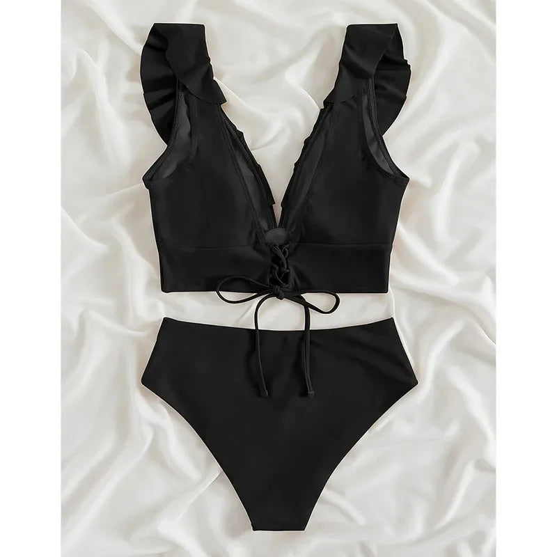 Riseado High Waist Bikinis Set Ruffle Shoulder Sexy Plunging Swimwear Women Bathing Suit Summer Beachwear - Empire P.E