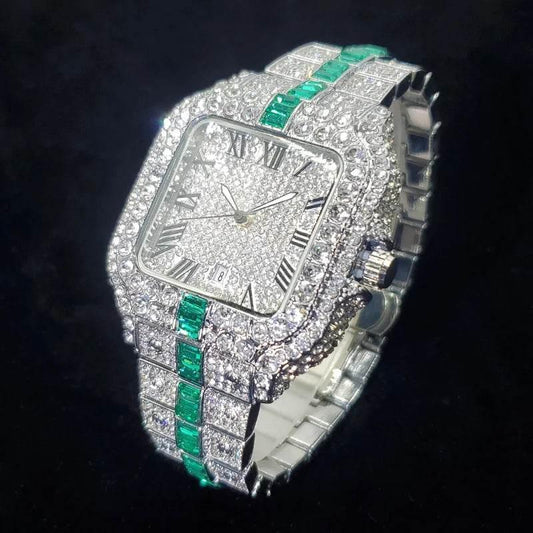 Luxury Full Diamond Watch for Men Fashion Green Iced Out Bling Square Watches Hip Hop Rap Jewelry Relogio Masculino Dropshipping - Empire P.E
