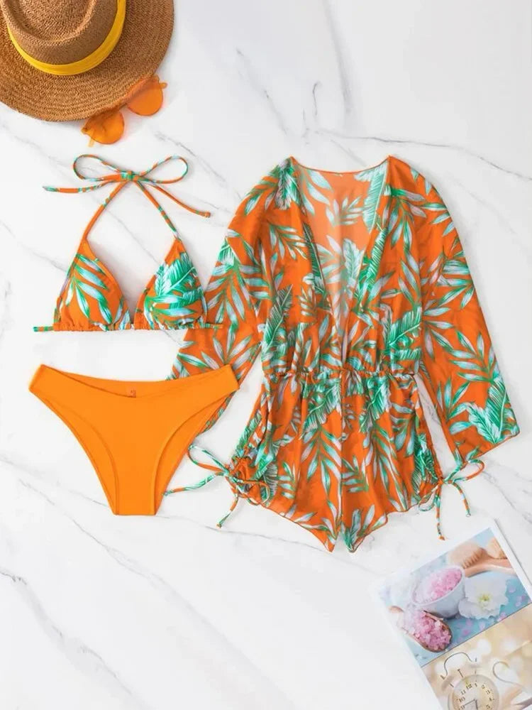 Geometric Print 3 Pieces Suit Swimwear Drawstring Bodysuit Mesh - Empire P.E