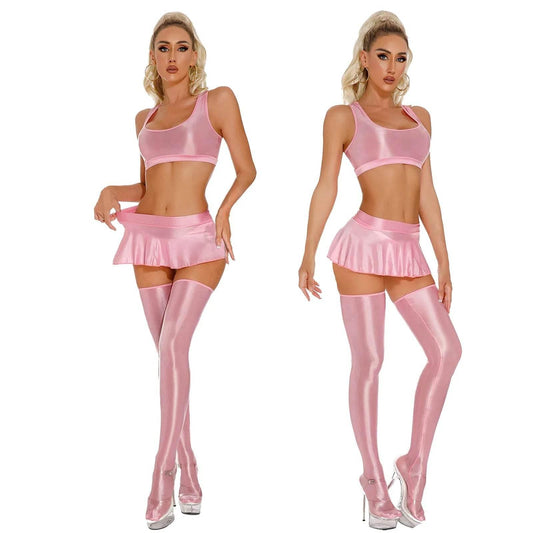 Glossy Lingerie Set Oil Shiny Tank Crop Tops With Miniskirt Stockings Outfits - Empire P.E