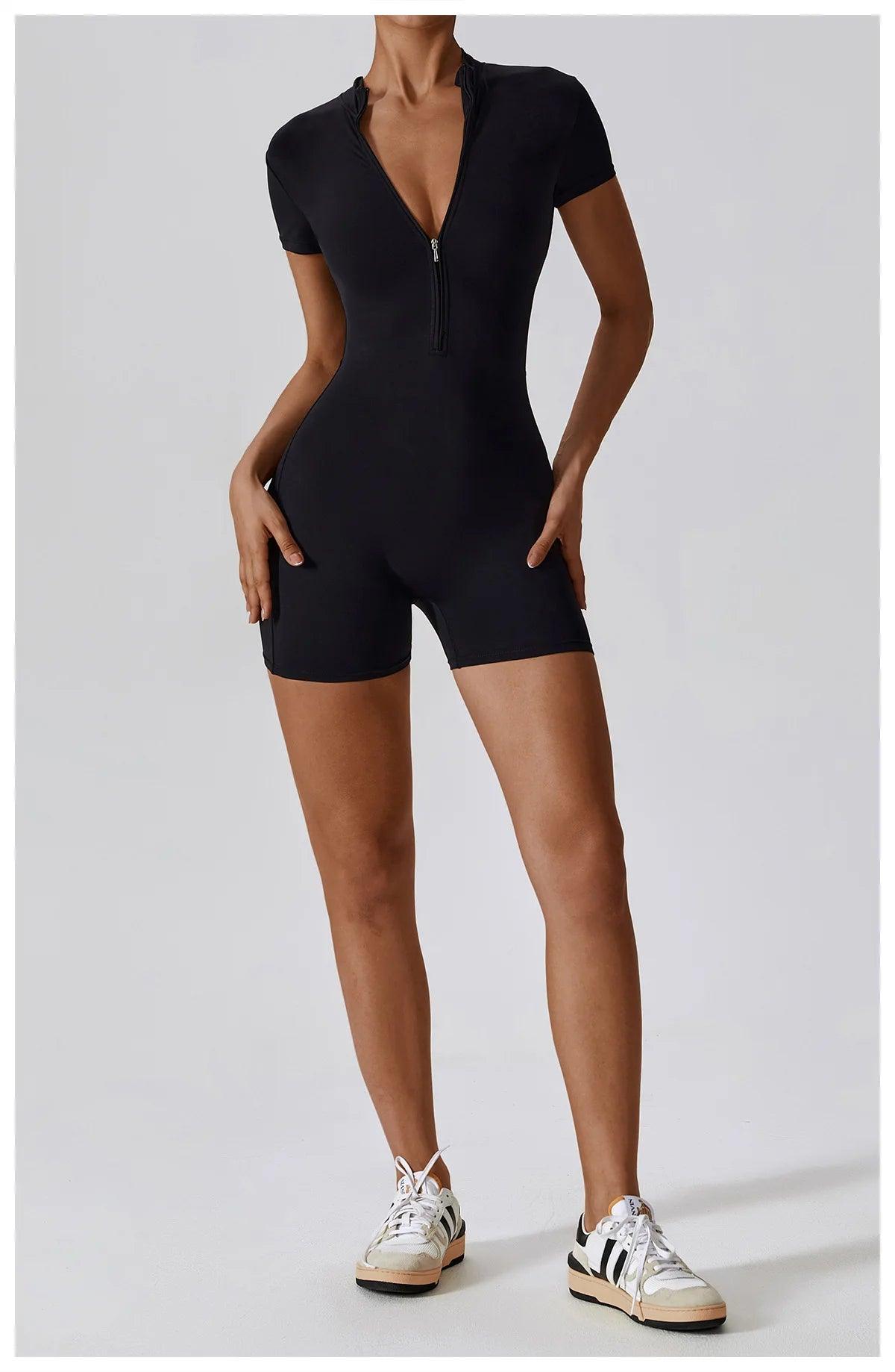 Yoga Set Women's One-Piece Suit Zipper Short Sleeve Gym Push Up Workout Clothes Fitness Short Bodysuit Sportswear Jumpsuits - Empire P.E