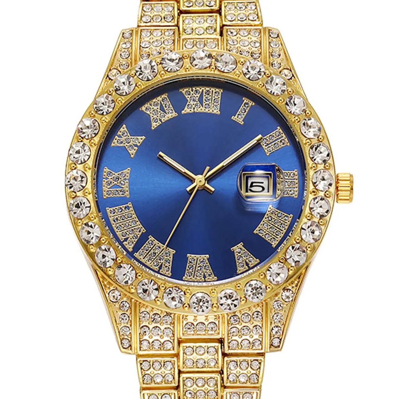3PCS luxury alloy full diamond rhinestone mirror men's quartz watch with calendar and Hip Hop Cuban Necklace bracelet set - Empire P.E