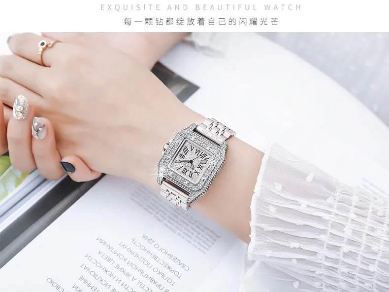 Ladies Dial Quartz Wristwatches Dress Clock Large square diamond-encrusted dial steel belt living waterproof quartz watch - Empire P.E