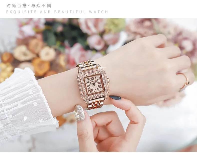 Ladies Dial Quartz Wristwatches Dress Clock Large square diamond-encrusted dial steel belt living waterproof quartz watch - Empire P.E