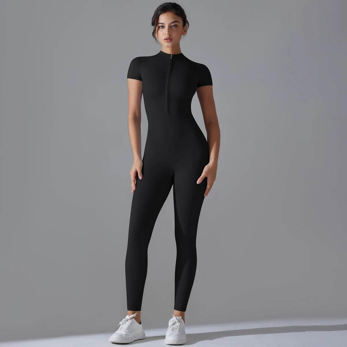 Yoga Set Women's Jumpsuits One-Piece Suit Zipper Short Sleeve Gym Push Up Workout Clothes Fitness Bodysuit Sportswear Tracksuit - Empire P.E