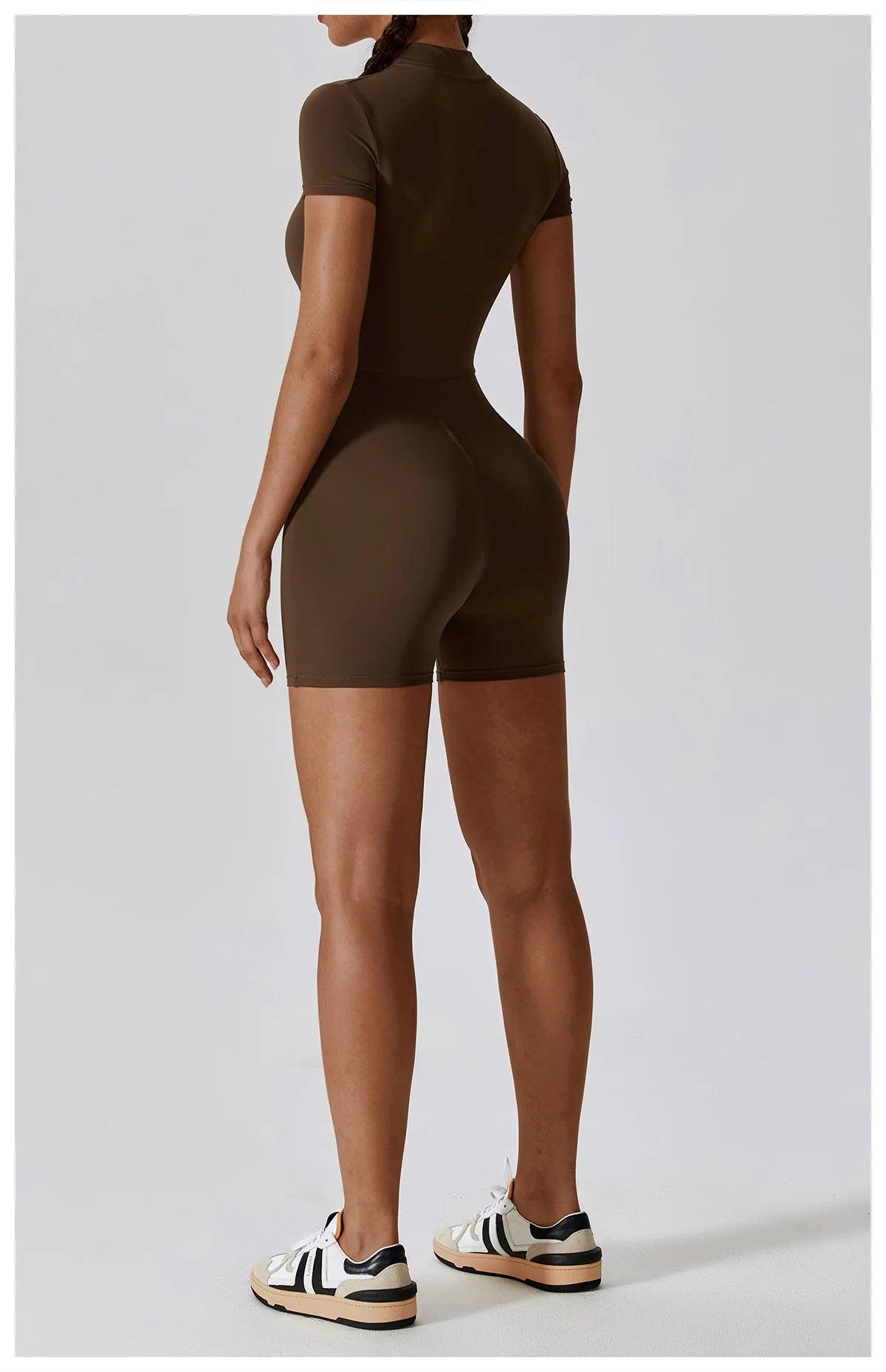 Yoga Set Women's One-Piece Suit Zipper Short Sleeve Gym Push Up Workout Clothes Fitness Short Bodysuit Sportswear Jumpsuits - Empire P.E