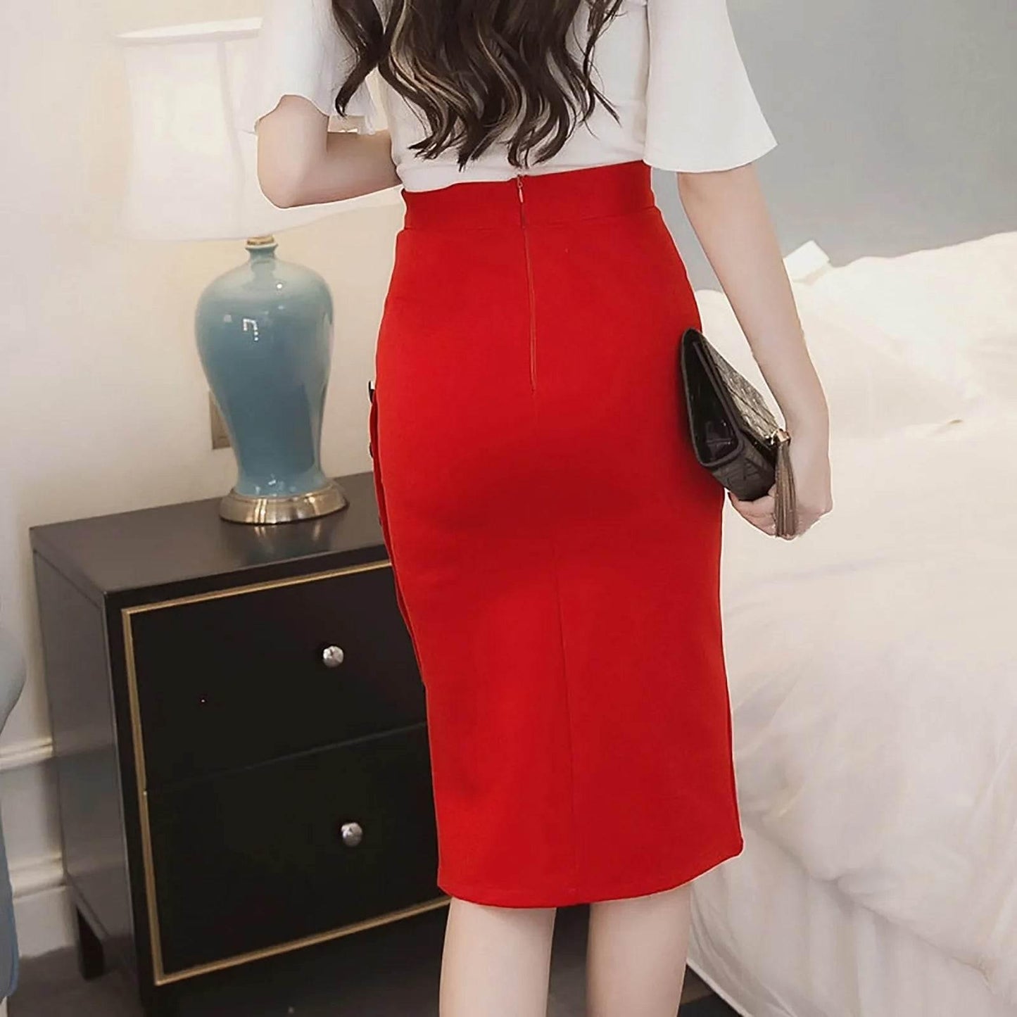 Women’s Black And Red Color Sexy Slim Fit High Waist Dress With Buttons Ladies High Street Fashion Hip Wrap Pencil Half Skirt - Empire P.E