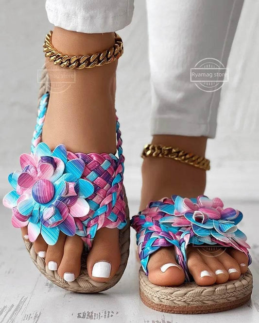 Slippers Women Ombre Floral Pattern Braided Casual Shoes Vacation Flat Holographic Braided Floral Pattern Toe Beach Flip Flops - Empire P.E