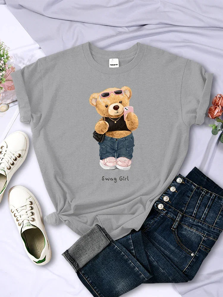 Street Teddy Bear Selfie Swag Girl Funny Printed T-Shirts - Empire P.E