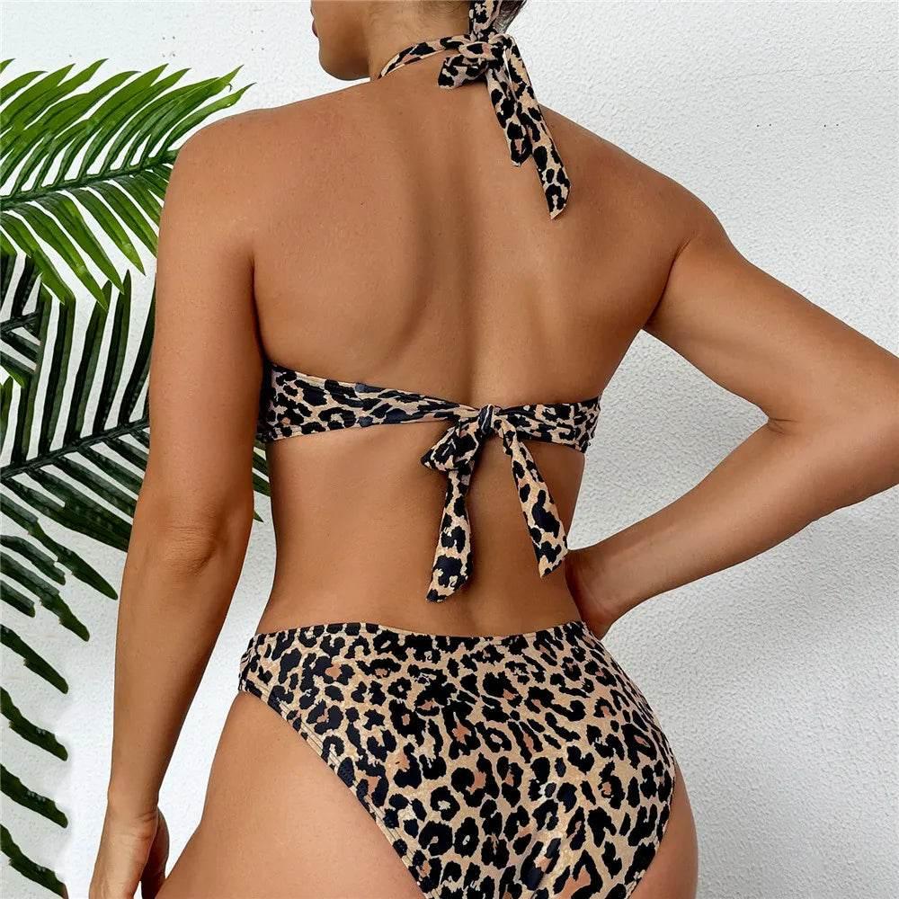 Halter Bandeau Leopard Print Bikinis Sets Woman Metal Ring Swimwear Hollow Out Sexy Swimsuit 2025 Bathing Suit Bikinis De Mujer - Empire P.E