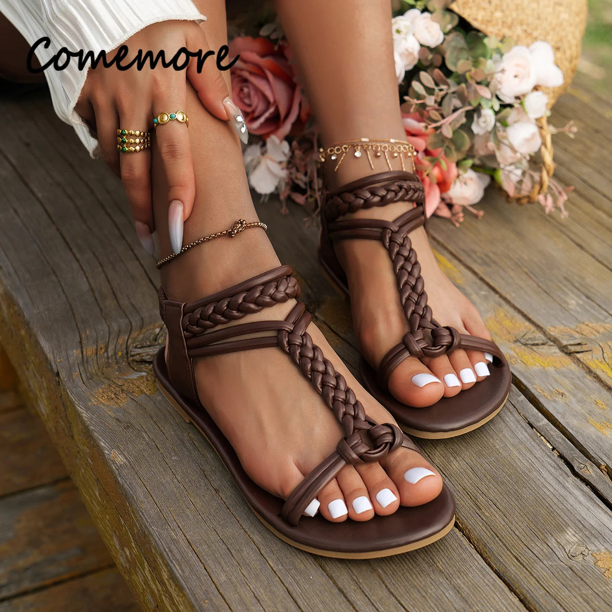 Fashion Weaving Roman Sandals for Women 2024 Summer New T-Strap Flat Sandles Woman Plus Size Comfort Non Slip Beach Shoes Ladies - Empire P.E